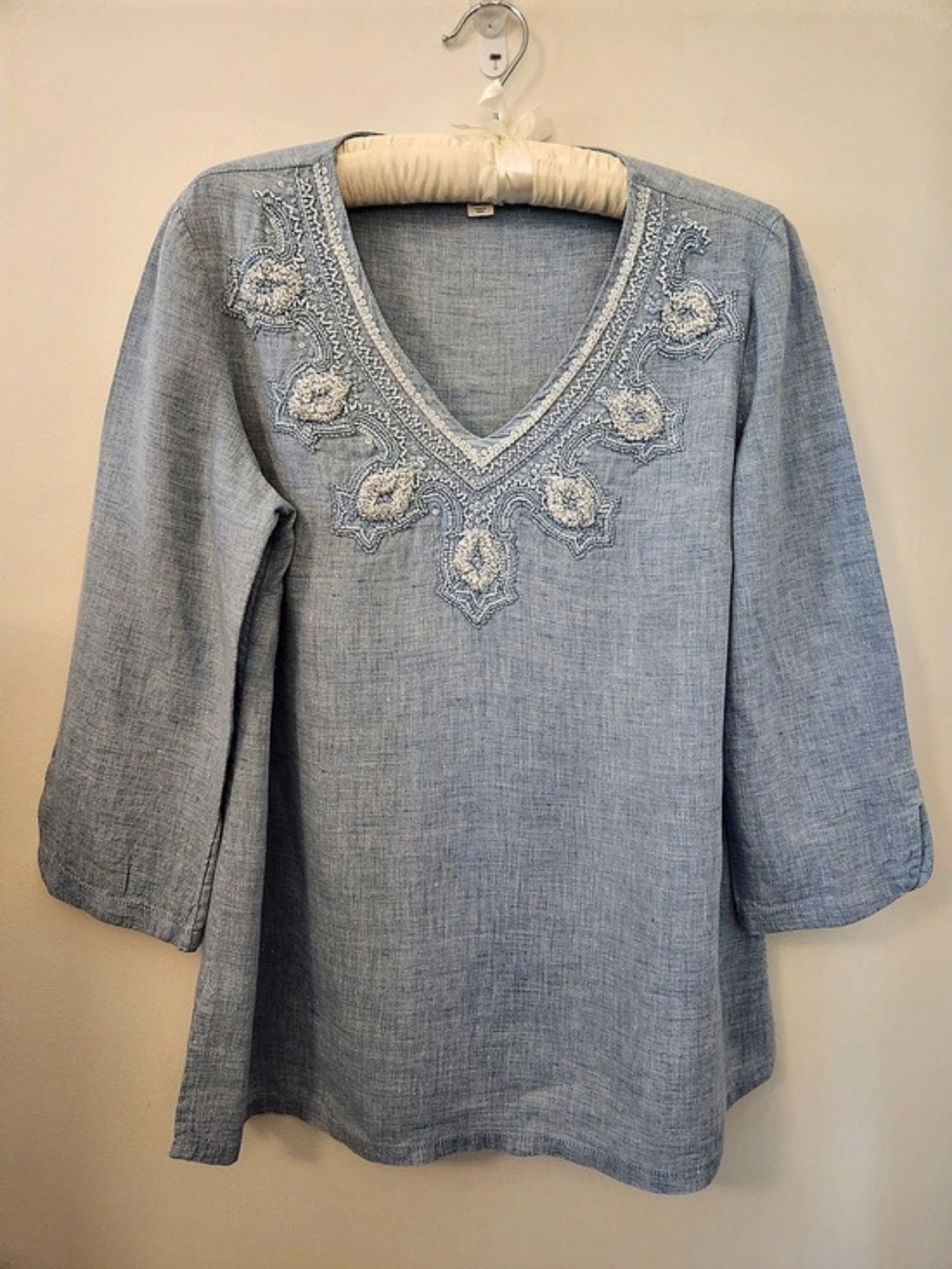 Charter Club Embroidered Blue Linen Top PM